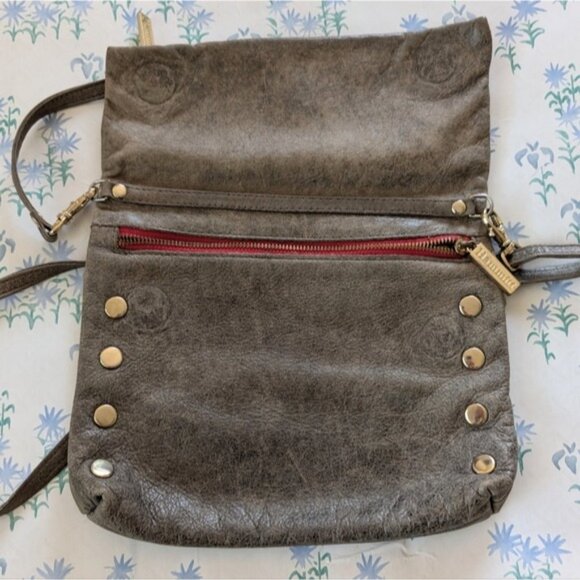 Hammitt VIP Medium Crossbody Bag Pewter Brushed Gold Red Zip Leather Clutch - Picture 5 of 6